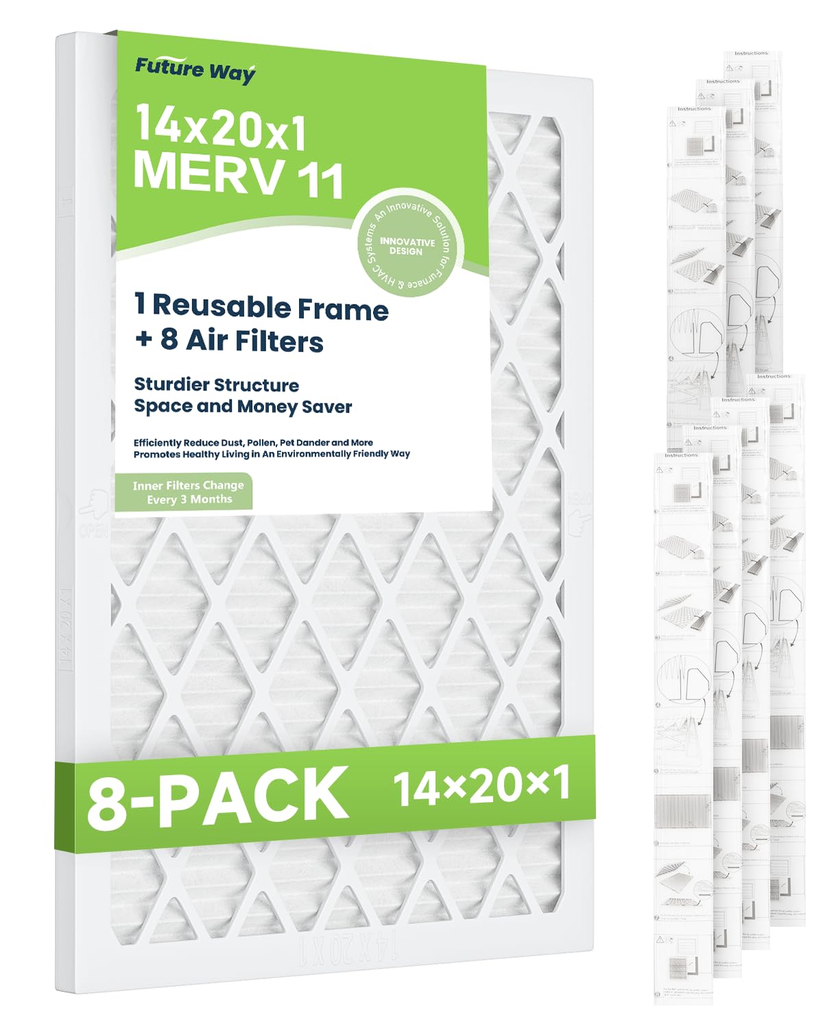 Future Way 14x20x1 Air Filter, MERV 11, MPR 1000, Assembly Kit with 1 Reusable ABS Frame & 8 Filters for AC Furnace, Actual Size: 13-11/16 x 19-11/16 x 3/4 inch