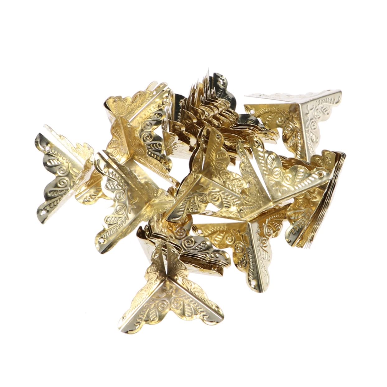 WOONEKY 30pcs Box Corner Protector with Nails Triangle Rattan Carved Design Vintage Style Safety Guard for Wooden Boxes and Closets Yellow Color