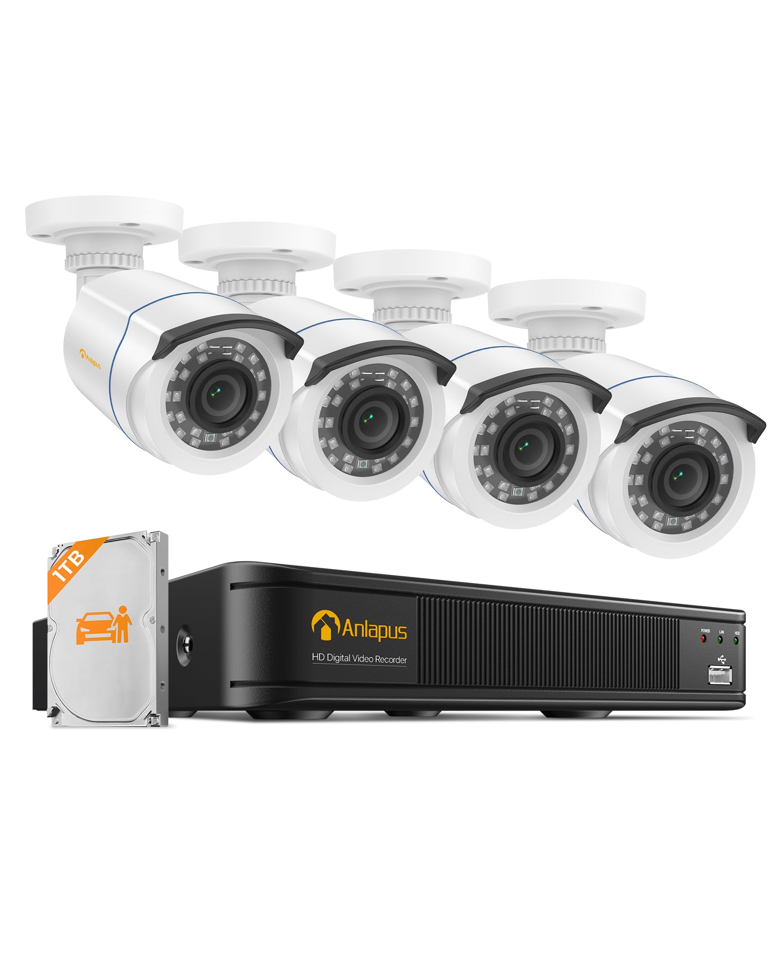 Anlapus 1080P HD Außen Video Überwachungssystem mit 1TB Festplatte 8CH 1080P H.265+ DVR mit 4 2MP Kamera für Haus Sicherheit, App/E-Mail-Alarm bei Bewegung
