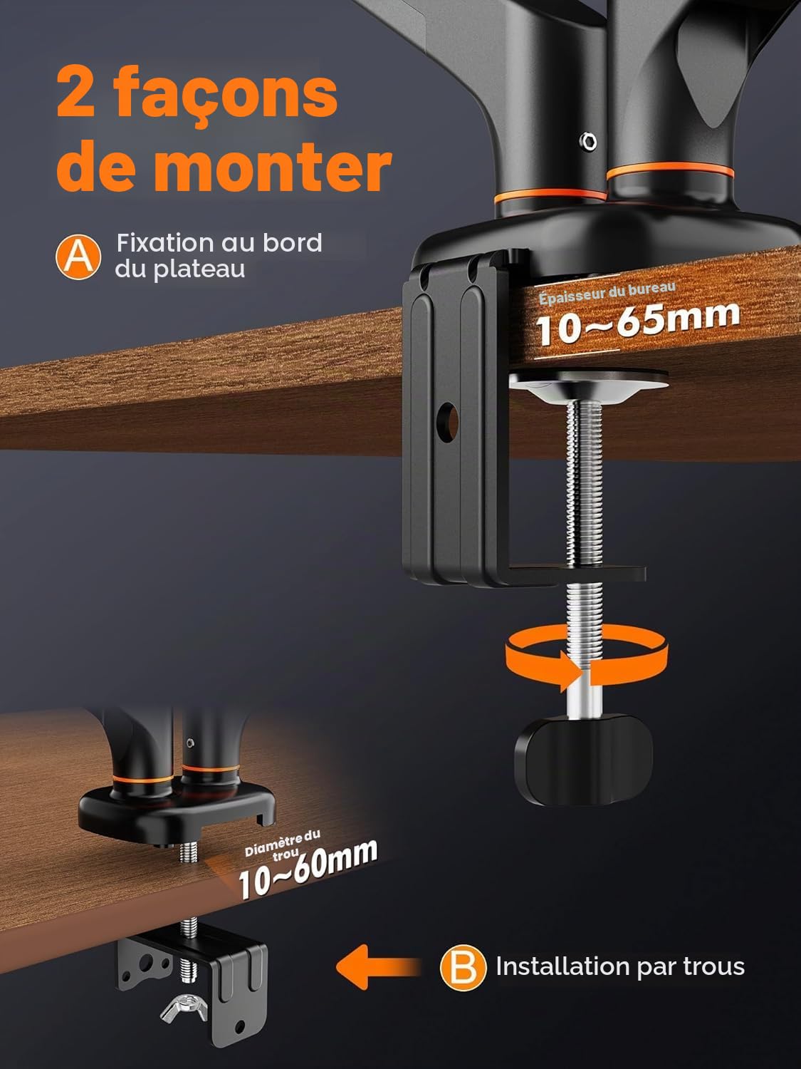 Ibergrif Bras Double Écran PC Support 2 Moniteurs 13-27 Pouces Bras à Gaz Réglable Hauteur Inclinaison Rotation 360° Charge 9 kg VESA 75/100mm