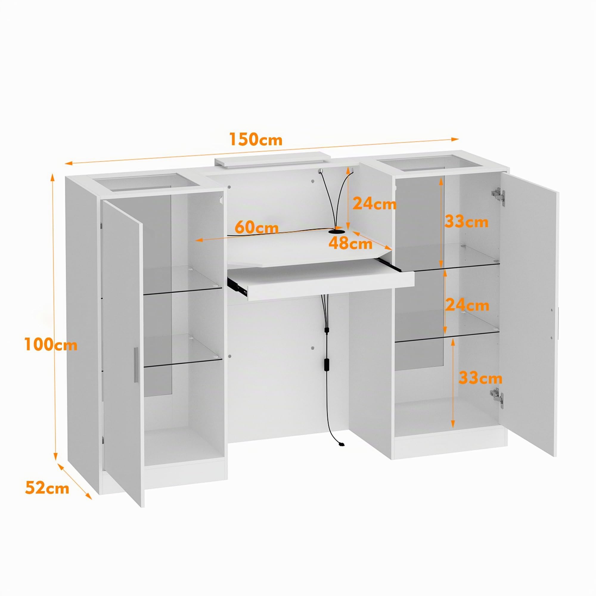 Mesa de recepción blanca con barra de luz, mostrador de recepción, mesa de recepción, mesa de recepción, mesa de recepción con 2 armarios y 1 cajón de teclado, 150 x 52 x 100 cm, color blanco