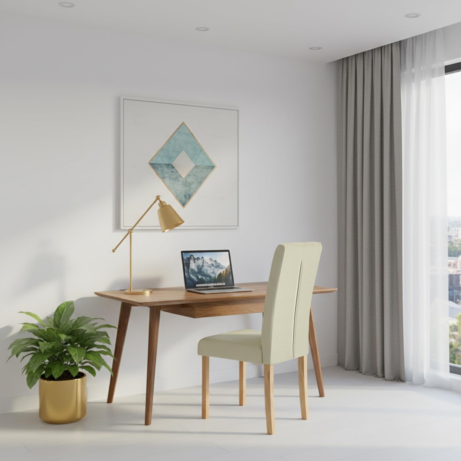 EGGREE Esszimmerstühle 2er Set Beige Leinenoptik Stoff Stühle mit Dicker Sitzfläche & Genähtem Rautenrücken, Stabile Gummibaumholz-Beine, 43,5 x 56 x 98 cm, Moderner Design für Esszimmer & Küche