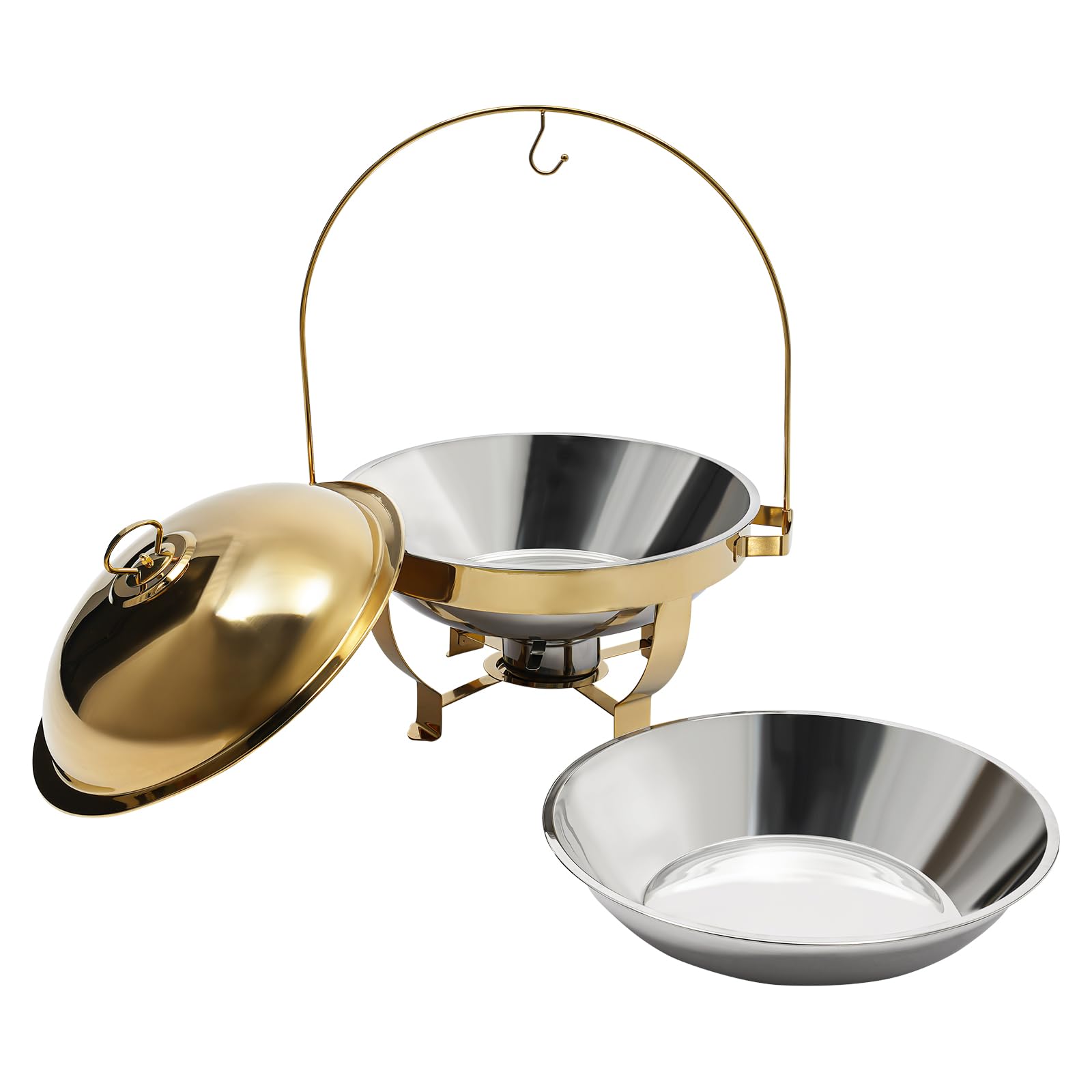 8L Gold Round Calentadores de Comida para Buffet Acero Inoxidable Chafing Dish para Hoteles, Cafeterías, Restaurantes, Reuniones Familiares, Banquetes, Bodas, Fiestas