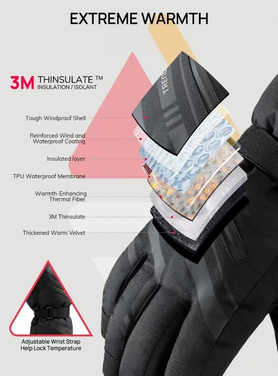 TRENDOUX Guanti invernali da sci impermeabile: 3M Thinsulate antivento caldo uomo donna guanti isolati con touchscreen antiscivolo
