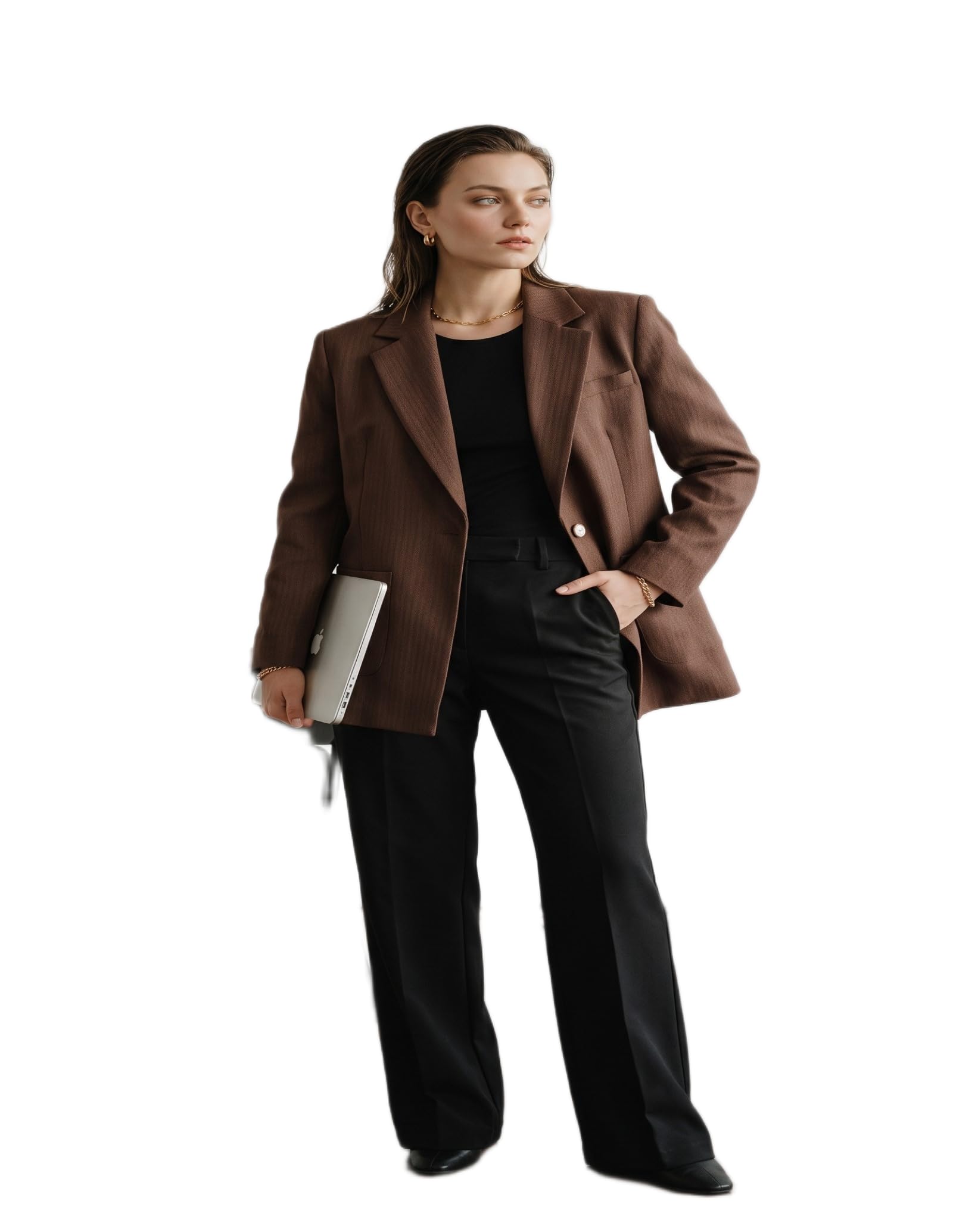 Women's Brown Open Front Blazer Plus Size – Elegant Single-Breasted Office Coat with Dual Flap Pockets-picture-11