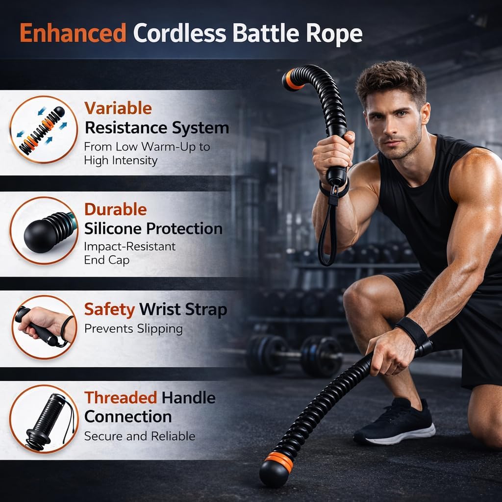 Adjustable Resistance Cordless Battle Ropes, Portable Home Gym Equipment. Weighted Ropeless Design for Strength Training, HIIT & Low-Impact Cardio Workout (2, Black)