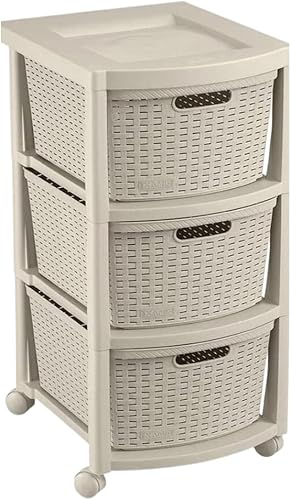 Cómoda de plástico con 3 cajones de colores, organizador de cajones de 25 x 15.35 x 13 pulgadas, estructura con ruedas deslizantes, cajones con