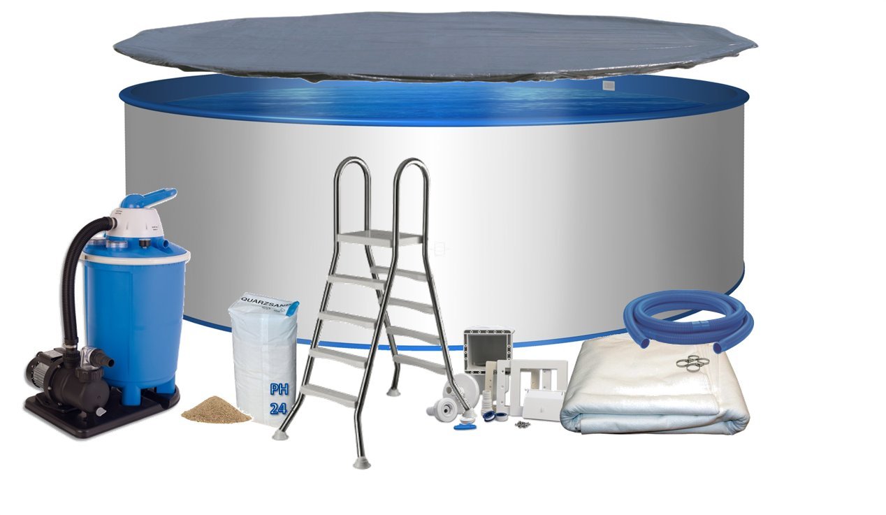 Pool Deluxe forma rotonda Ø 5 m x 1,2 m da parete in acciaio inox 0,6 mm Schermo blu 0,8 mm cuneo biese Telone scaletta in acciaio inox 2 X 4 gradini con piattaforma protezione pavimento in tessuto non tessuto Telone Filtro a sabbia Flow 7 con 7,0 m³/h qu