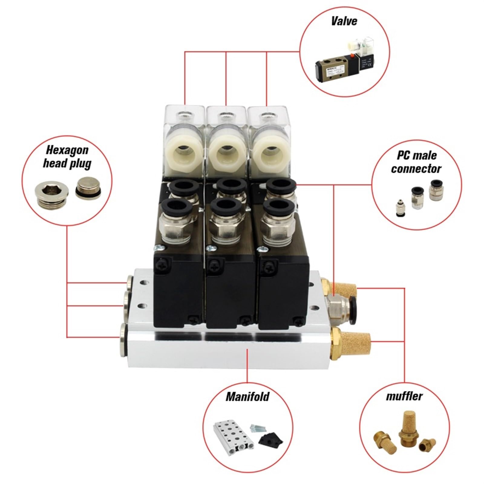 4V210-08 DC24V 12V AC220V AC110V 2 pozycje 5-drożny poczwórny zawór elektromagnetyczny aluminiowa podstawa zestaw tłumików 3 4 5 6 stacji 1 szt. (kolor: złączki DC24V 12 mm, rozmiar: 8 stacji)