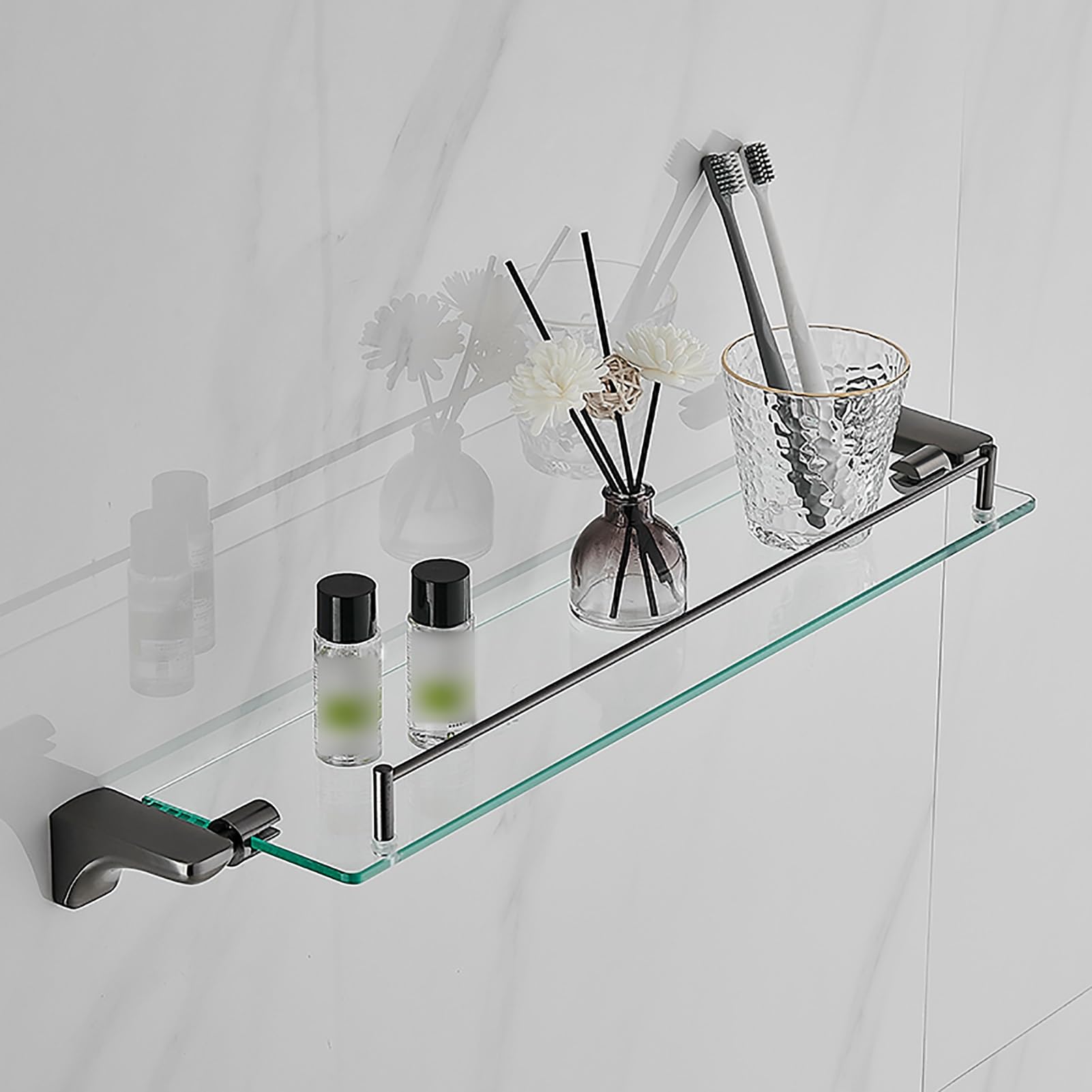 Estante de cristal de acero inoxidable gris plomizo de 62 cm para pared, baño, ducha e inodoro, estantería rectangular de vidrio flotante para un espacio elegante y organizado