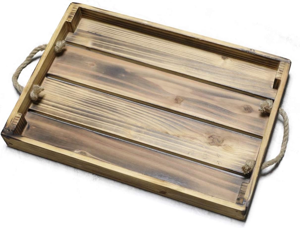 Best Quality 🔥 Brilliest Large Wood Serving Tray with Rope Handles for Ottoman/Decor/Kitchen - Real Pine - Rustic Design - Rectangle Serving Tray