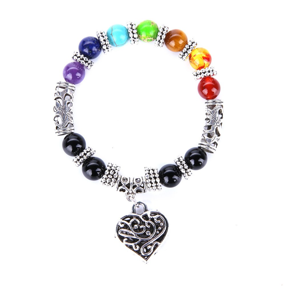 Steinarmband, Naturstein -Perlenarmband, 8mm Pfirsich Herz Natursteinkaiser Stein Yoga Sieben Chakra -Armband, personalisierte Kleidung Accessoires Schmuck Schmuck