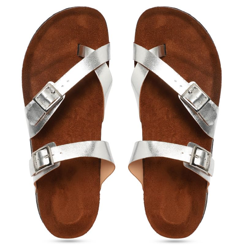 MOZAFIA Synthetic Leather Comfortable Stylish with Open-Toe Casual Compass Silver Solid Flat Sandals for Womens (B0CQCZDV8H) Amazon Price History, Amazon Price Tracker