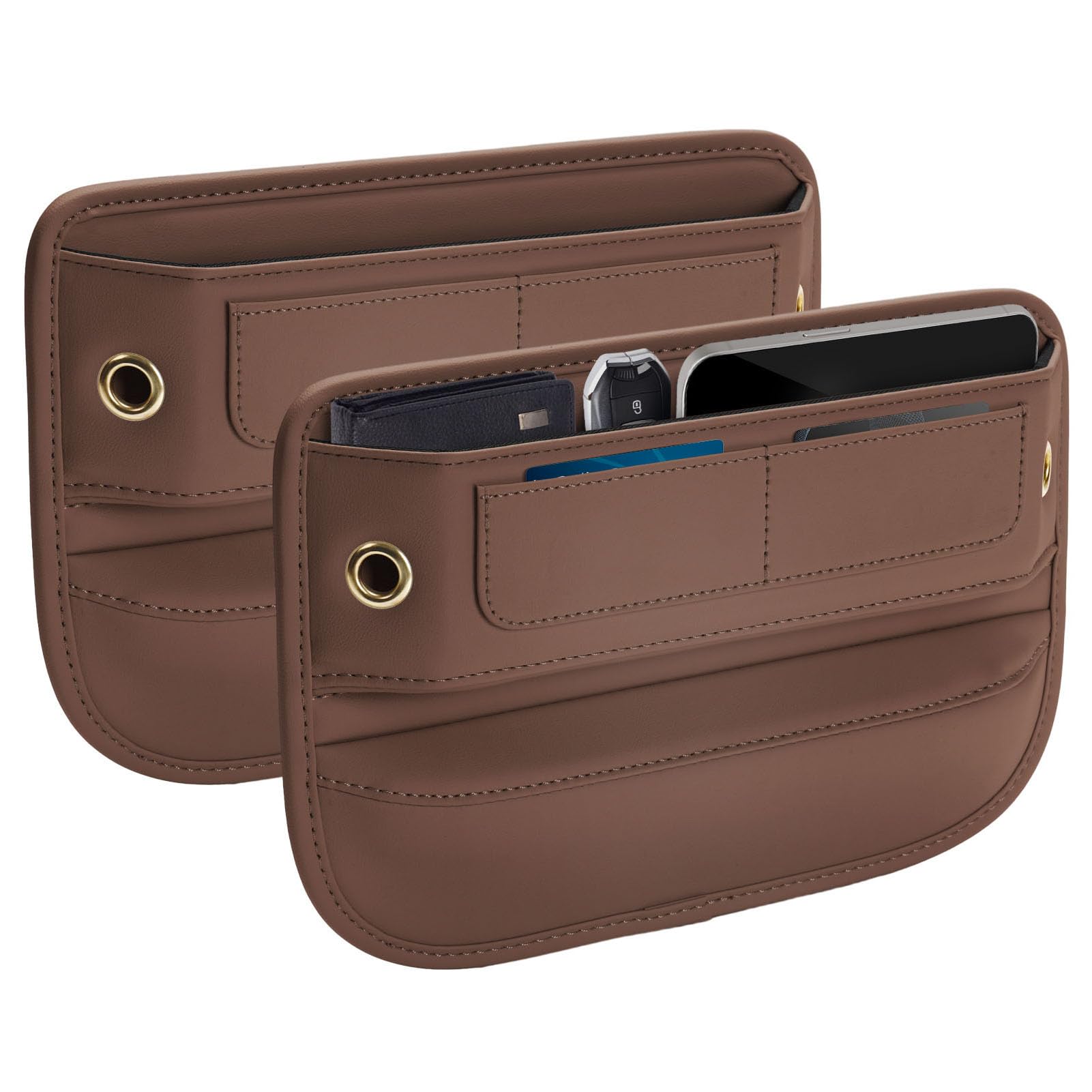 Premium Leather Seat Gap Filler Organizer, Universal Fit Car Accessories for Women/Men Interior, Center Console Organizer With Card Slots for SUV Truck (Brown, 2 Pack)