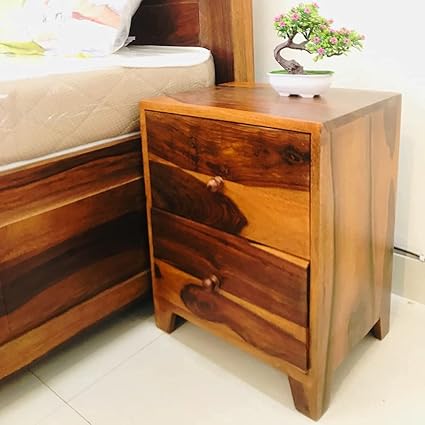 8Reactive Wooden Art Solid Sheesham Bedside Table | Bedside Table with Drawers | Bedside Table with Drawer | Finish Color - Natural