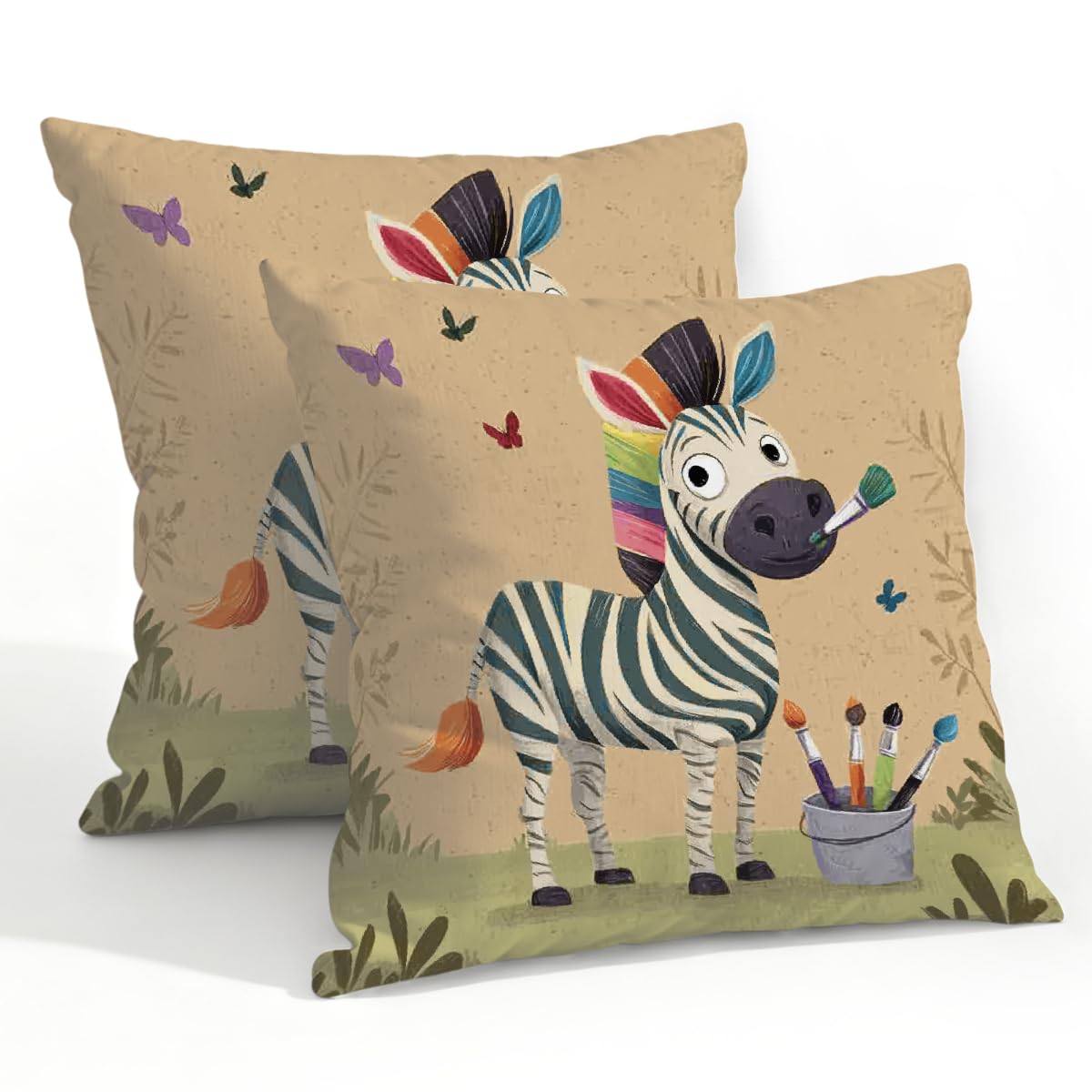 Outdoor Pillow Covers Waterproof Pillowcases 22x22in Set of 2 Cartoon Zebra Painter Decorative Throw Cushion Case for Couch Sofa Garden Patio Furniture
