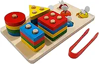 Brinquedo Educativo e Criativo de Aprendizado Encaixe Geométrico Montessoriano Prancha de Seleção em Madeira 2 em 1