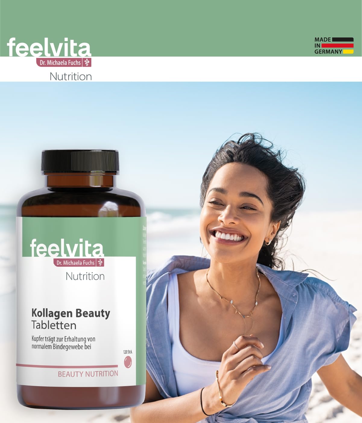 Genius Feelvita Nutrition Kollagen Beauty Tabletten- hochdosiertes Kollagenhydrolysat angereichert mit Kupfer- Zur Erhaltung des normalen Bindegewebes, 2-Monatsvorrat (120 Tabletten)- Made in Germany