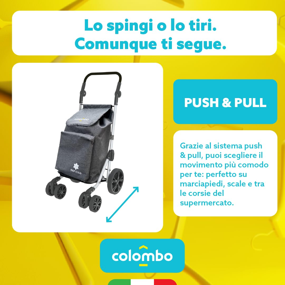 COLOMBO Troll Carrello Spesa in Alluminio Leggero e Resistente 60L con Borsa Termica 4L, 6 Ruote Push&Pull, Manubrio Regolabile Antiscivolo, Porta Monete – Carrello Spesa Pieghevole, Salvaspazio