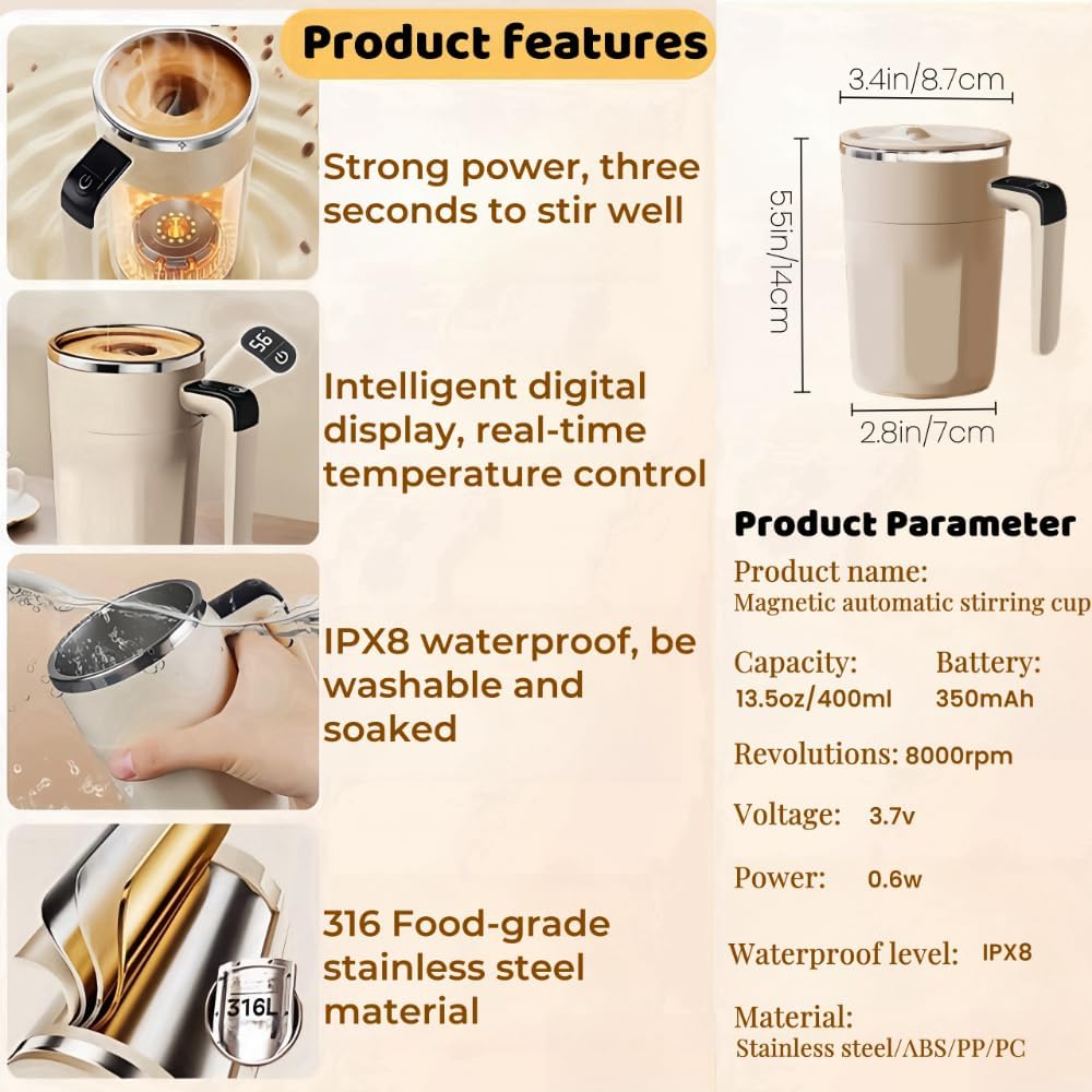 Automatic Magnetic Stirring Coffee Mug New Electric Protein Shaker Bottle Smart Temperature Digital Display Mixing Cup (Off white)