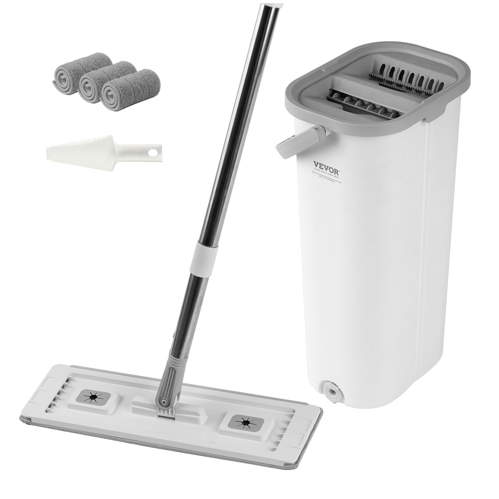 VEVOR Wischmopp und Eimer mit Auswringer-Set, Nass- & Trockengebrauch, Flachmopp und Eimersystem mit 3 waschbaren Mikrofaser-Pads, Flachmopp mit Edelstahlgriff, Wischmopp-Eimer-Set für Hartholzfliesen