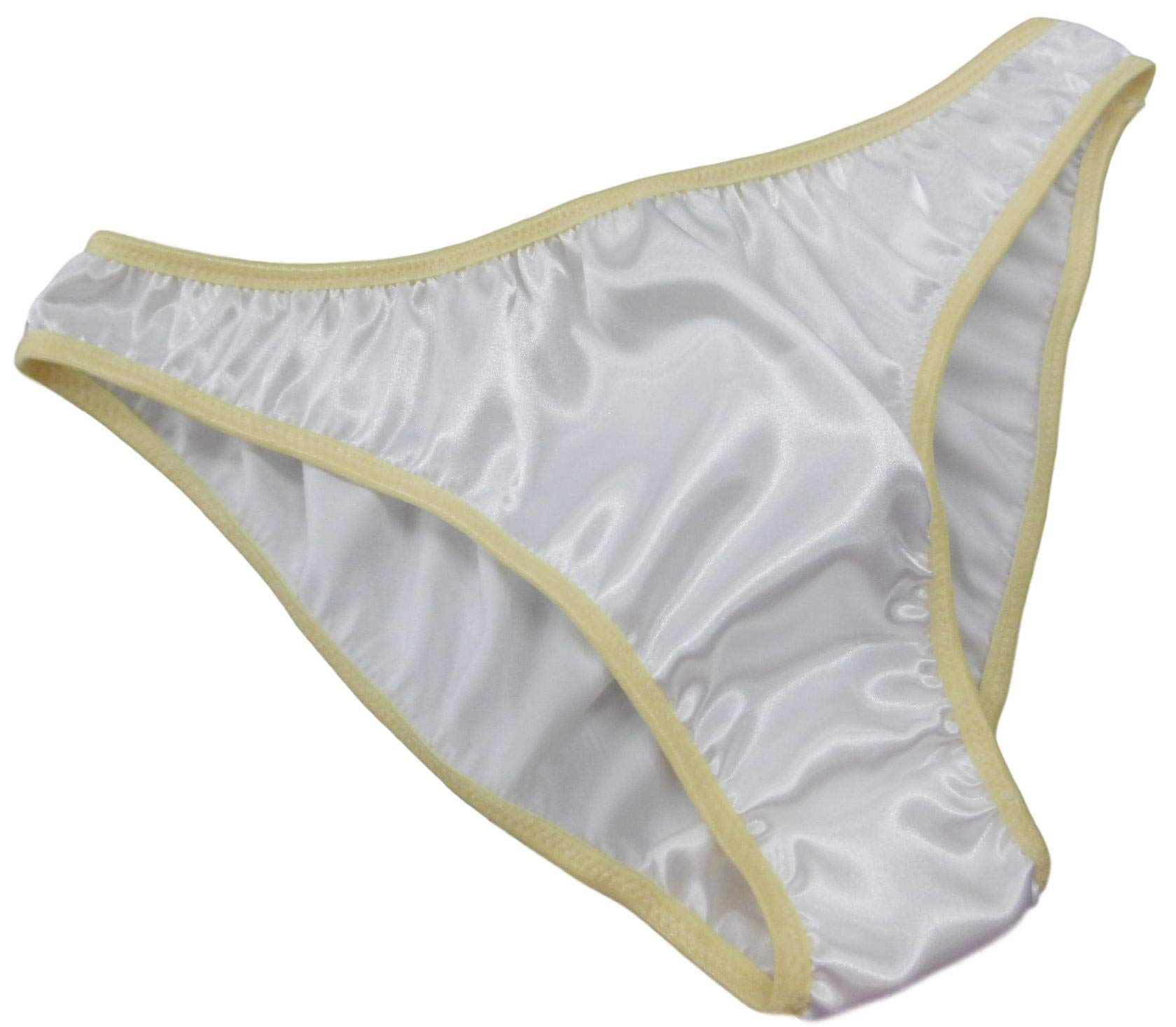 FDL Satin bikinisWhite Shimmering Satin with Lilac Trim Plain and Simple Bikini Briefs Panties Knickers