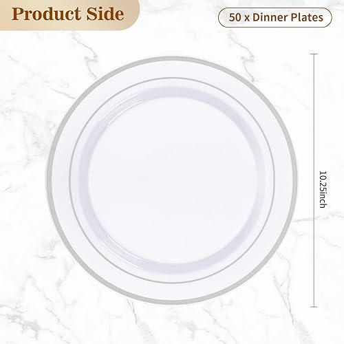 Miniatura 10 de BESTVIP 100 platos de plástico plateado, platos desechables de 10.25 pulgadas para fiesta con borde plateado, platos de plástico desechables