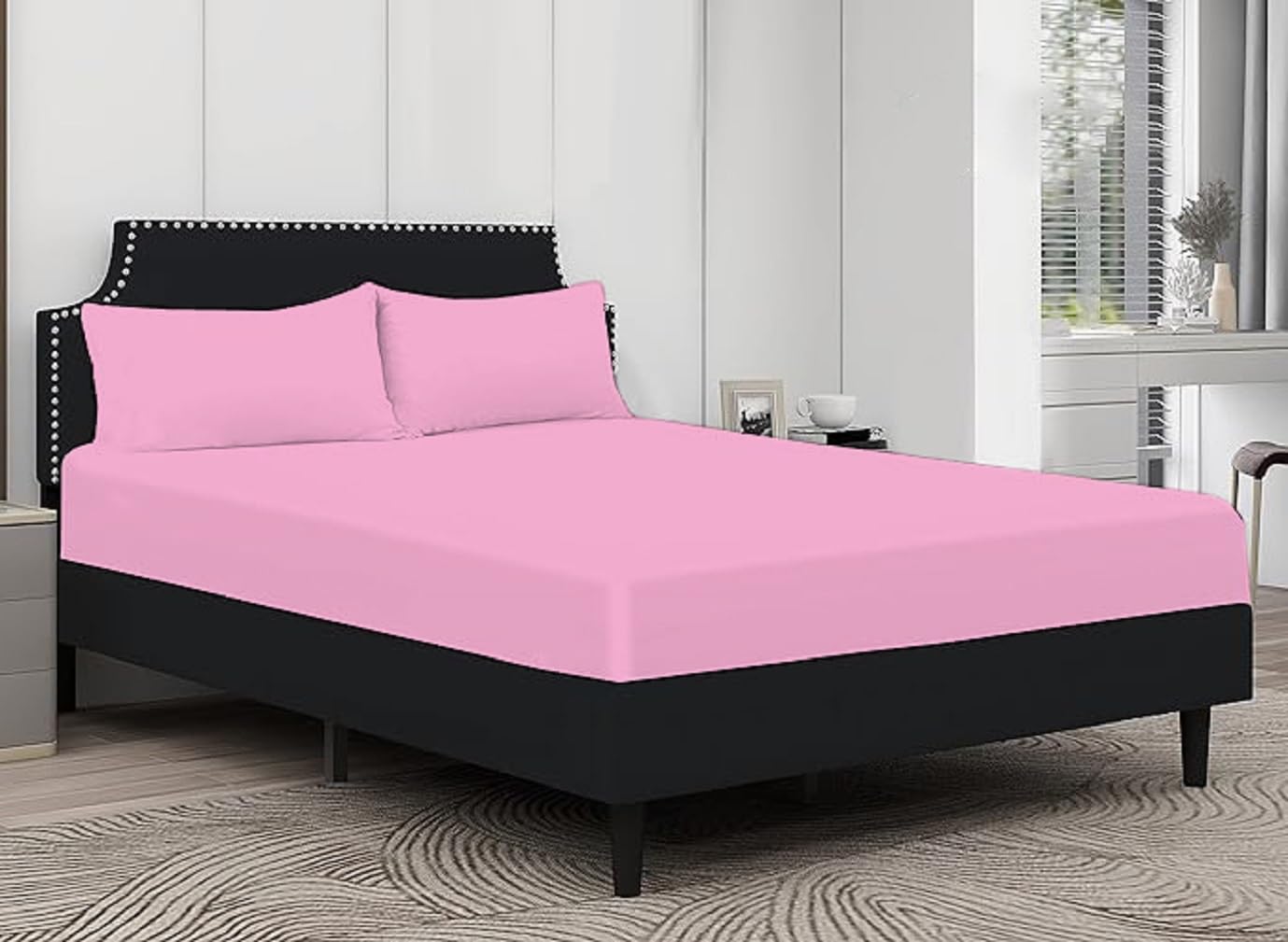 100% Egyptian Cotton Fitted Sheet 25cm Deep Mattress Pocket 200 Thread Count Soft & Fade Resistant Bottom Fitted Sheet (Pink, Super King)