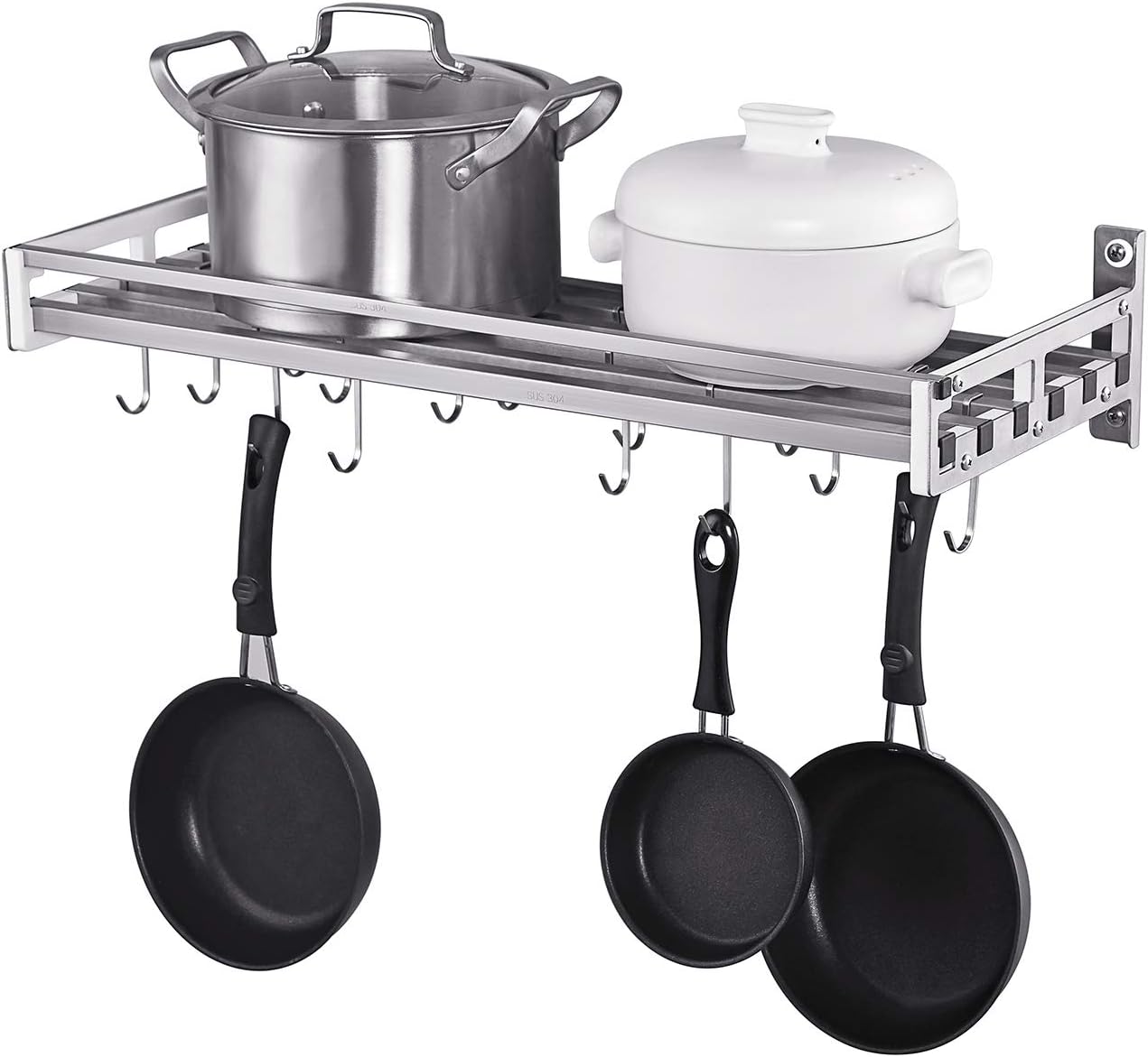 Wall Mounted Pot Holder Pan Organizer with 16 Hooks, Stainless Steel Kitchen Wall Pots and Pans Rack, Heavy Duty, Modern Slat Design (24'' by 9 1/2")