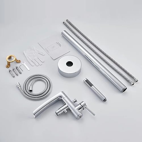 Miniatura 7 de Wowkk Grifo de Bañera de Cascada Independiente de Montaje en Piso Relleno de Tina de Latón Grifo de Baño de una Sola Manija con Ducha de Mano