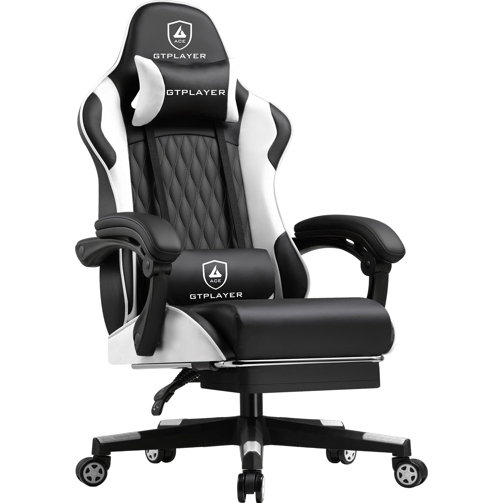 LUCKRACER Silla Gaming | Silla de Juegos para PC con Soporte Lumbar Ajustable, Reposapiés y Cojín para Cabeza - Blanco