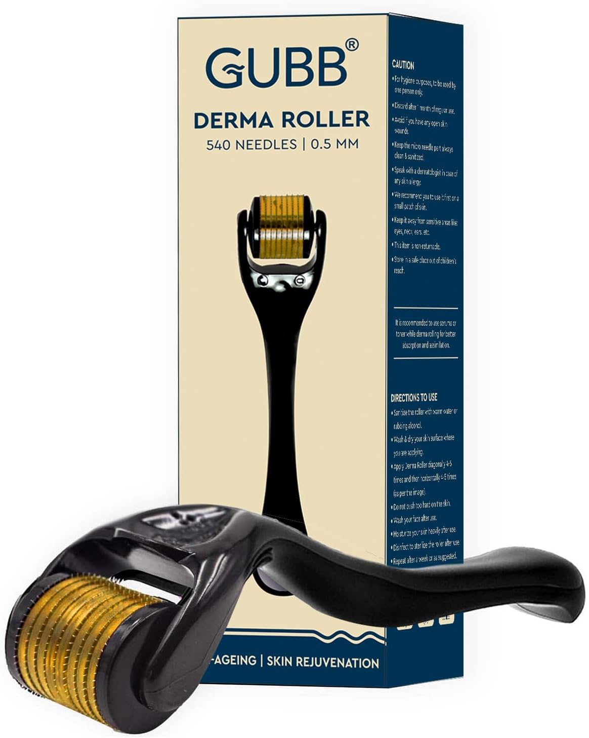 GUBB Derma Roller 0.5mm for Face - Microneedling Tool for Acne Scars,Wrinkles,Beard Growth Stimulator,Skin Rejuvenation,Stretch Marks,Glowing Skin and Hair Regrowth - Golden