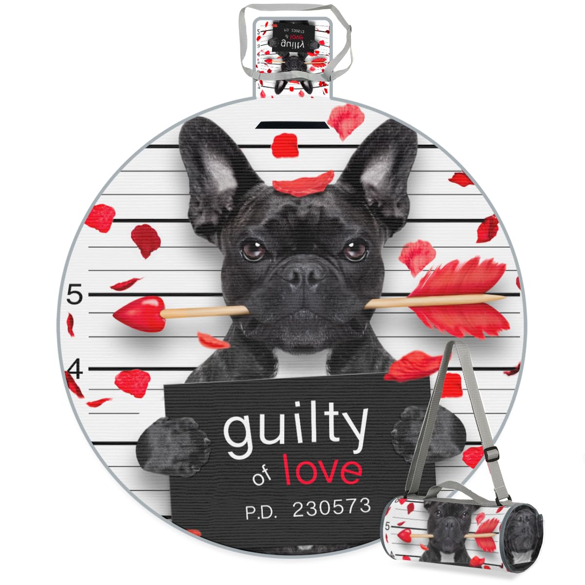 Shimoshe Guilty for Love Dog Picnic Outdoor Blanket Foldable Waterproof Sandproof Beach Blanket Portable Water-Resistant Round Picnic Mat for Travel Camping Park Lawn