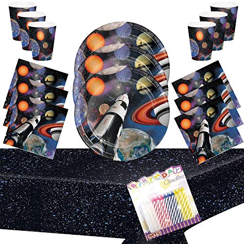 Space Blast Birthday Party Supplies Pack Serves 16: Plates Napkins Cups and Table Cover with Birthday Candles (Bundle for 16)