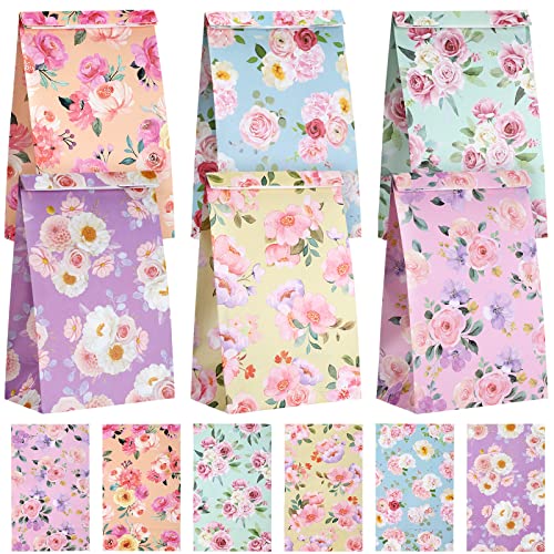 Panelee 24 Pcs Floral Paper Gift Bags Small Flower Tea Party Favors Bags bulk Spring Goodies Organizer Candy Treat Paper Pouch for Mother's Day Wedding Bridal Baby Shower Birthday Decorations