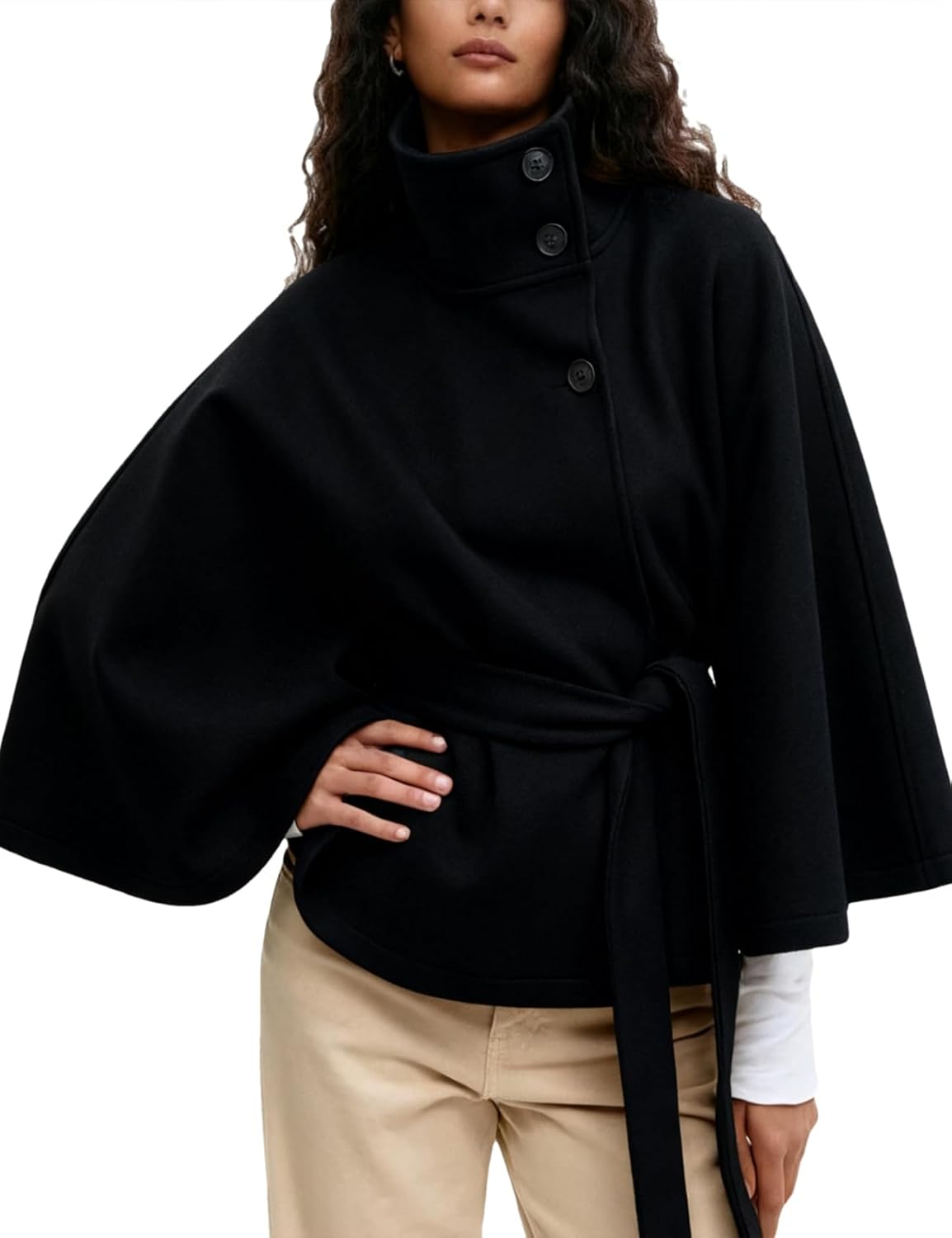 Womens Batwing Sleeve Ponchos Pea Coat Wool Bland Fall Winter Collar Belt Capes Jacket Cropped Overcoat - Image 4