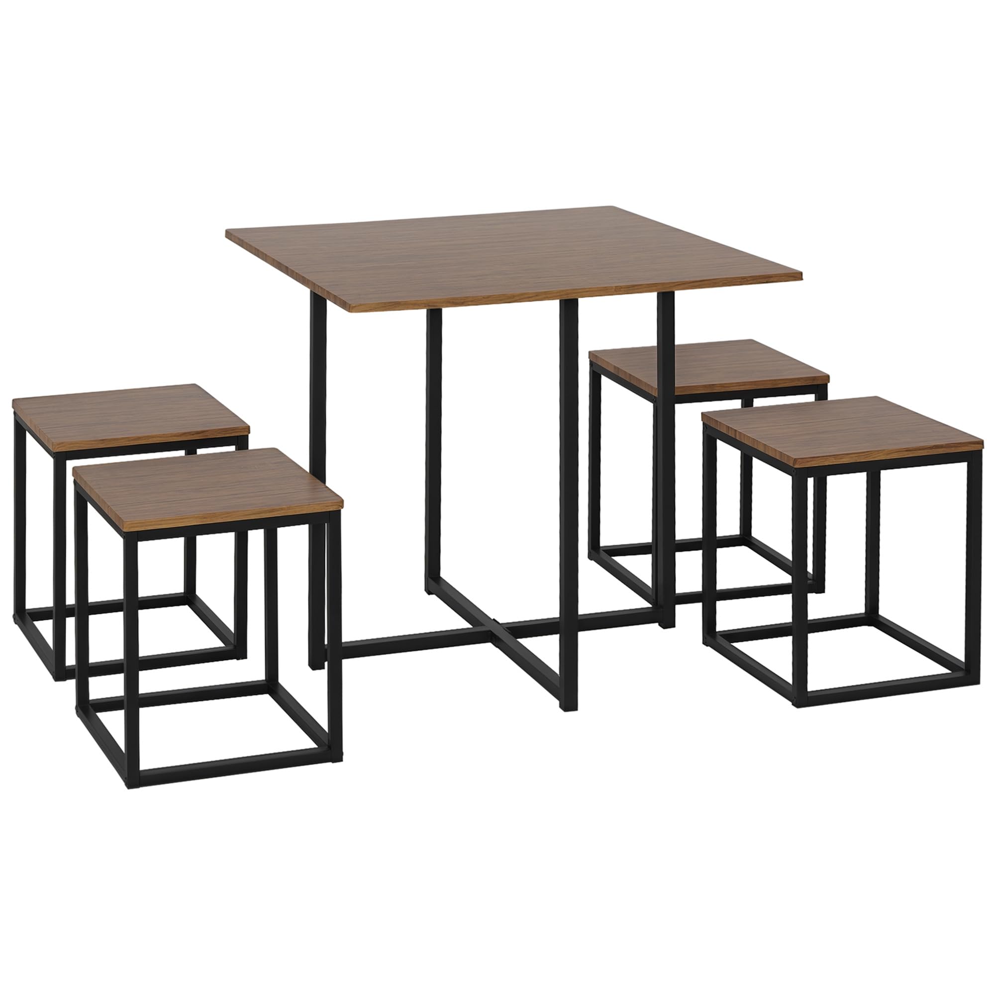 HOMCOM 5 Piece Dining Table and Chairs Set 4, Industrial Space Saving Table and Chairs with Metal Frame, Square Kitchen Table and Stools for Dining Room, Brown