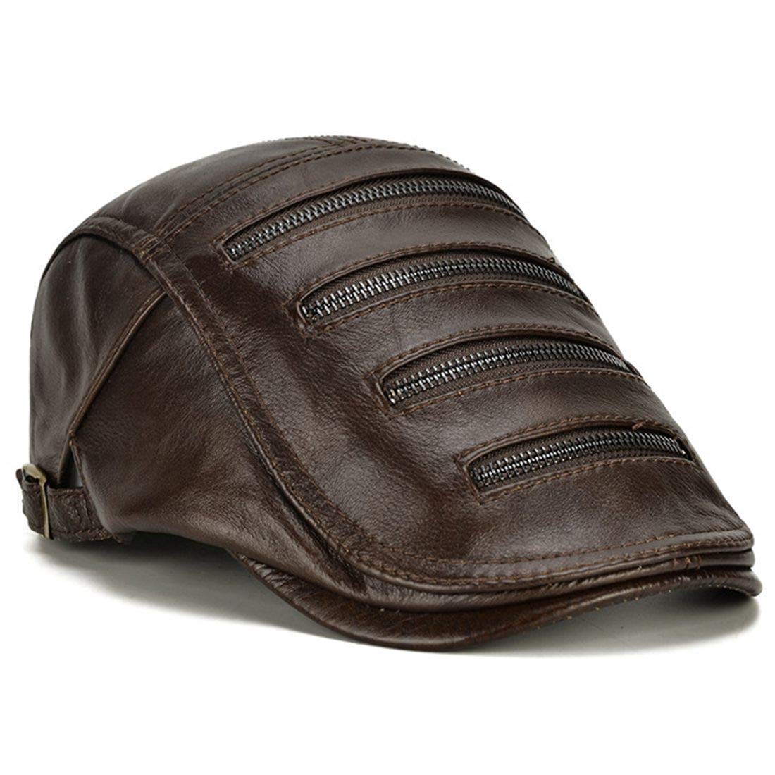 JNKET Autumn Winter Men Cowhide Newsboy Hat Zipper Peaked Cap Leisure Duckbill Cap Flat Caps Travel Casquette (Brown)