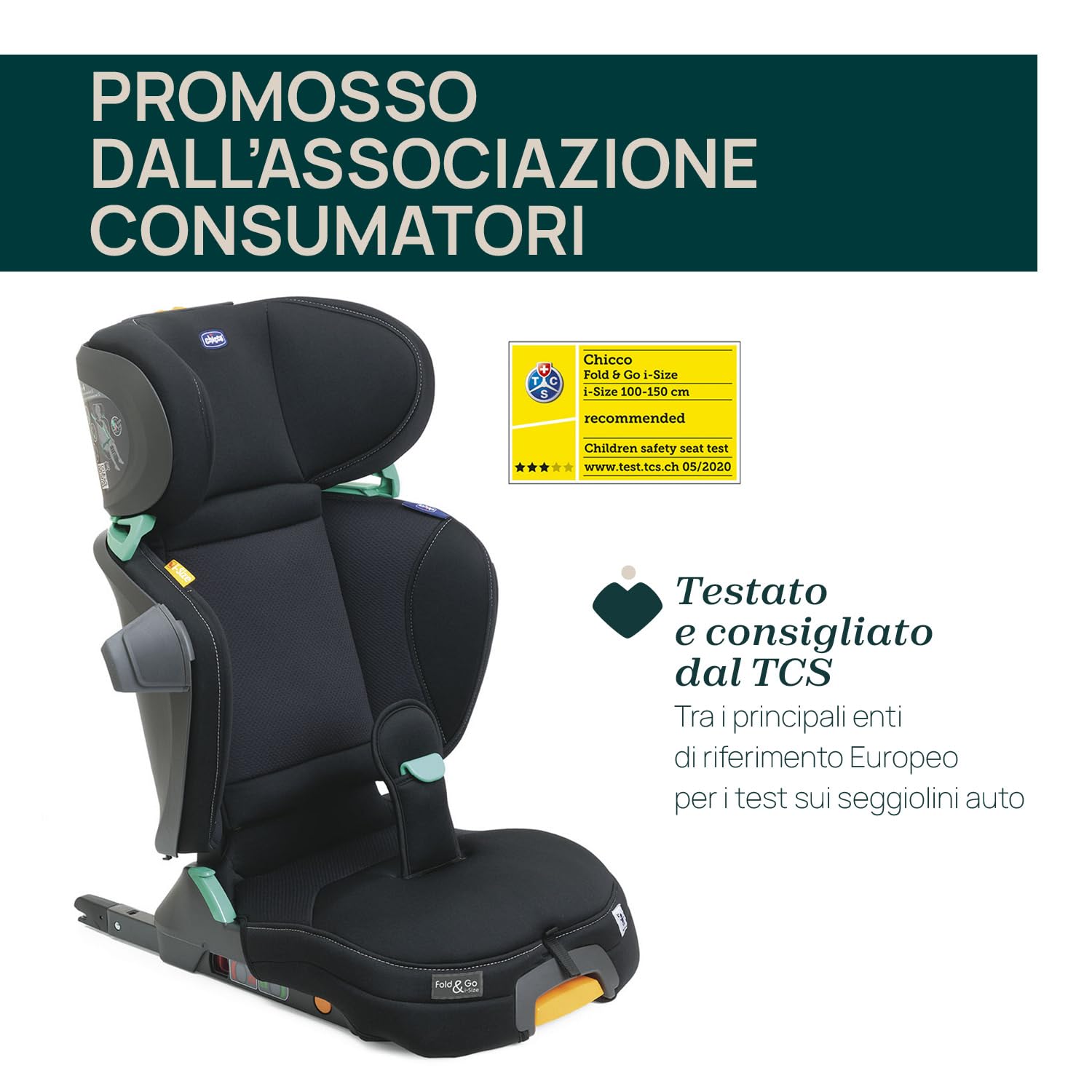 Chicco Fold&Go I-Size Seggiolino Auto 15-36 kg con Connettori Rigidi ISOFIX, Bambini 3-12 Anni, Reclinabile e Pieghevole, Protezione Laterale, Altezza e Larghezza Regolabili, Nero