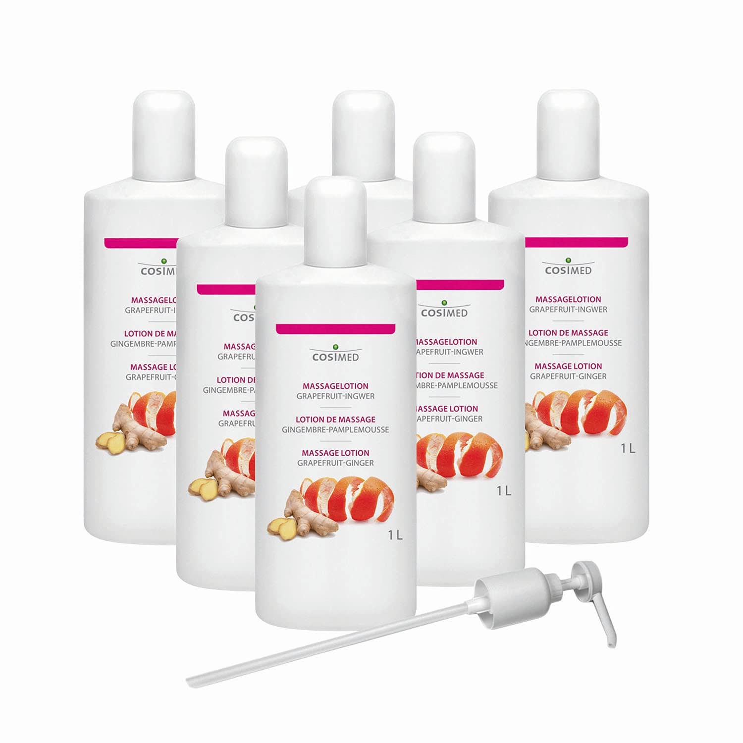cosiMed Massagelotion Grapefruit-Ingwer | Bundle 6 x 1L | ergiebig & griffsicher | Made in Germany | inkl. Dosierpumpe