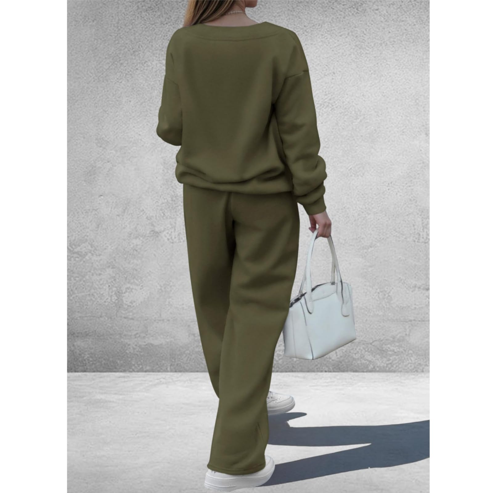 Ensemble deux pièces pour femme sweat-shirt à col V pantalon à jambes large