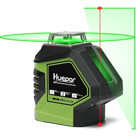 Amazon Huepar グリーン レーザー墨出し器 360 横フルライン 鉛直地墨点照射 緑色 レーザー クロスライン 自動水平 高輝度 高精度 ミニ型 横フルライン1本 出射角140 縦ライン１本 天墨 地墨ポイントタイプ 621cg 下げ振り