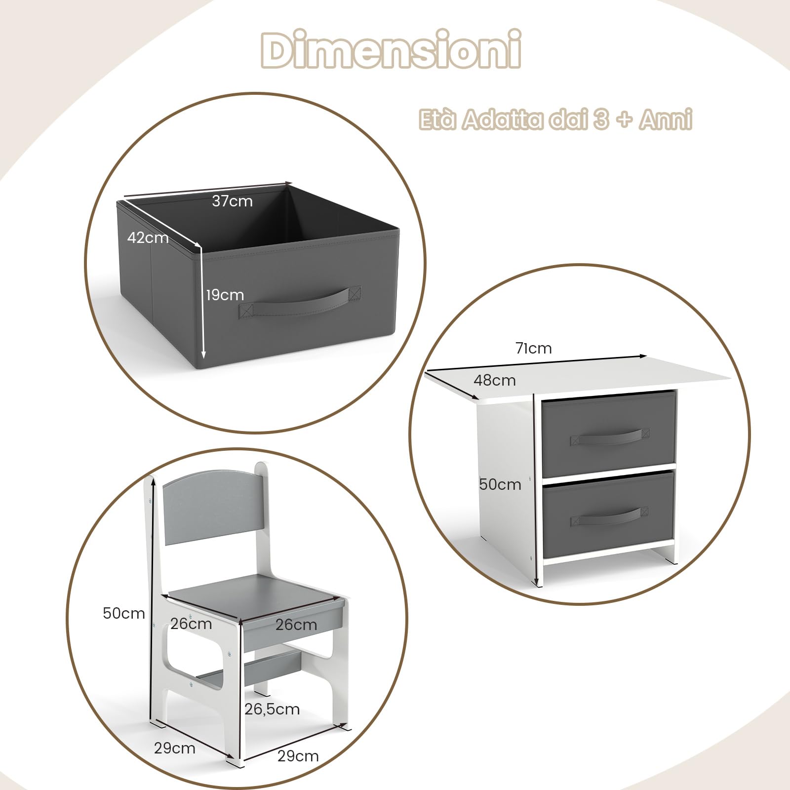 COSTWAY Set Tavolo e Sedie per Bambini 1-7 Anni, Tavolino in Materiale Atossico e Indore con 2 Sedie Ergonomiche con Schienale, Angoli Arrotondati, Ideale per Giocare, Disegnare e Leggere (Grigio)