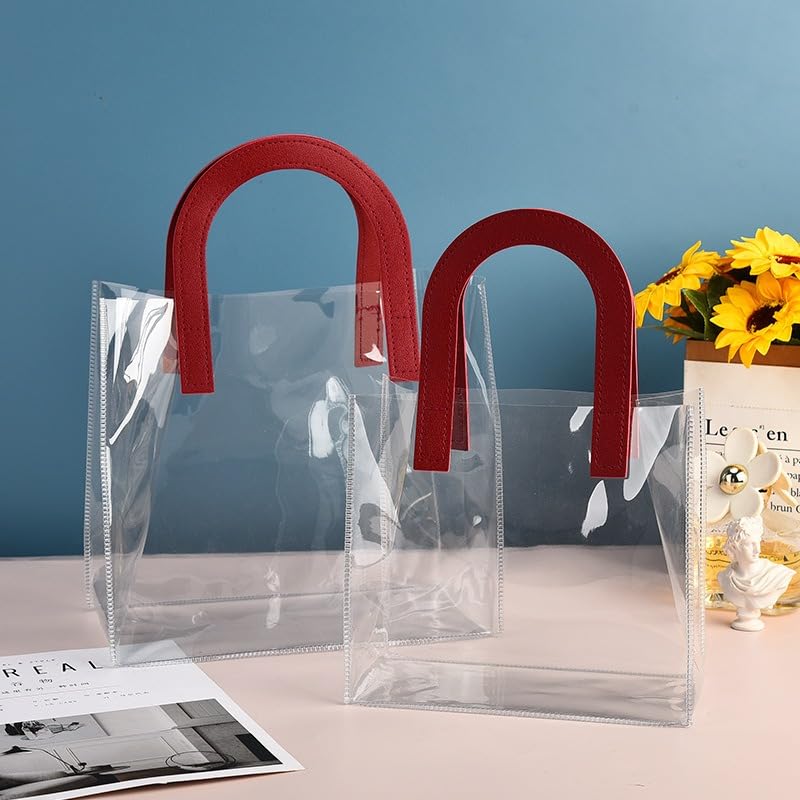 Image of SATYAM KRAFT 6 Pcs Transparent Reusable Leather Goodie Bags | Elegant Gift Bags for Her /Him Wedding Return Favors, Engagement Hampers, Marriage, Birthday & Festival Gifting | Handle Hamper Shopping Carry Bags (U-shaped Red - Medium)