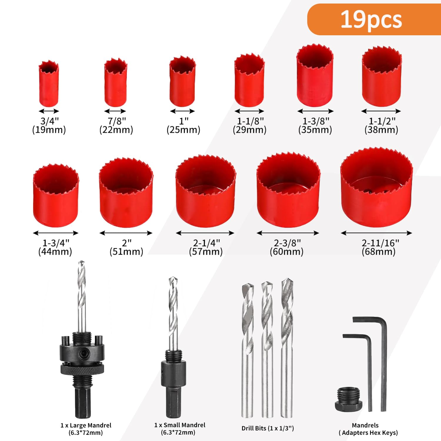 M42 bimetaliczny zestaw otwornic, 19 szt., metalowe wiertła do puszek, wiertło do otwornic, do cięcia okrągłych (19-68 mm), głębokość cięcia 38 mm do deski drewnianej, płyty PCV, deski