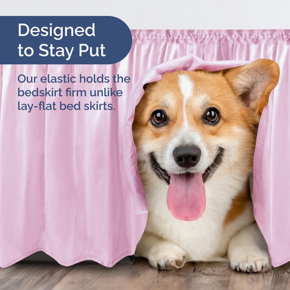 Wrap Around Dust Ruffle Bed Skirt - Light Pink - for Full Size Beds with 15 Inch Drop - Elastic Strap - Adjustable Pleated Bedskirt with Brushed Fabric and Wrinkle Free - for Women, Men, Kids & Teens