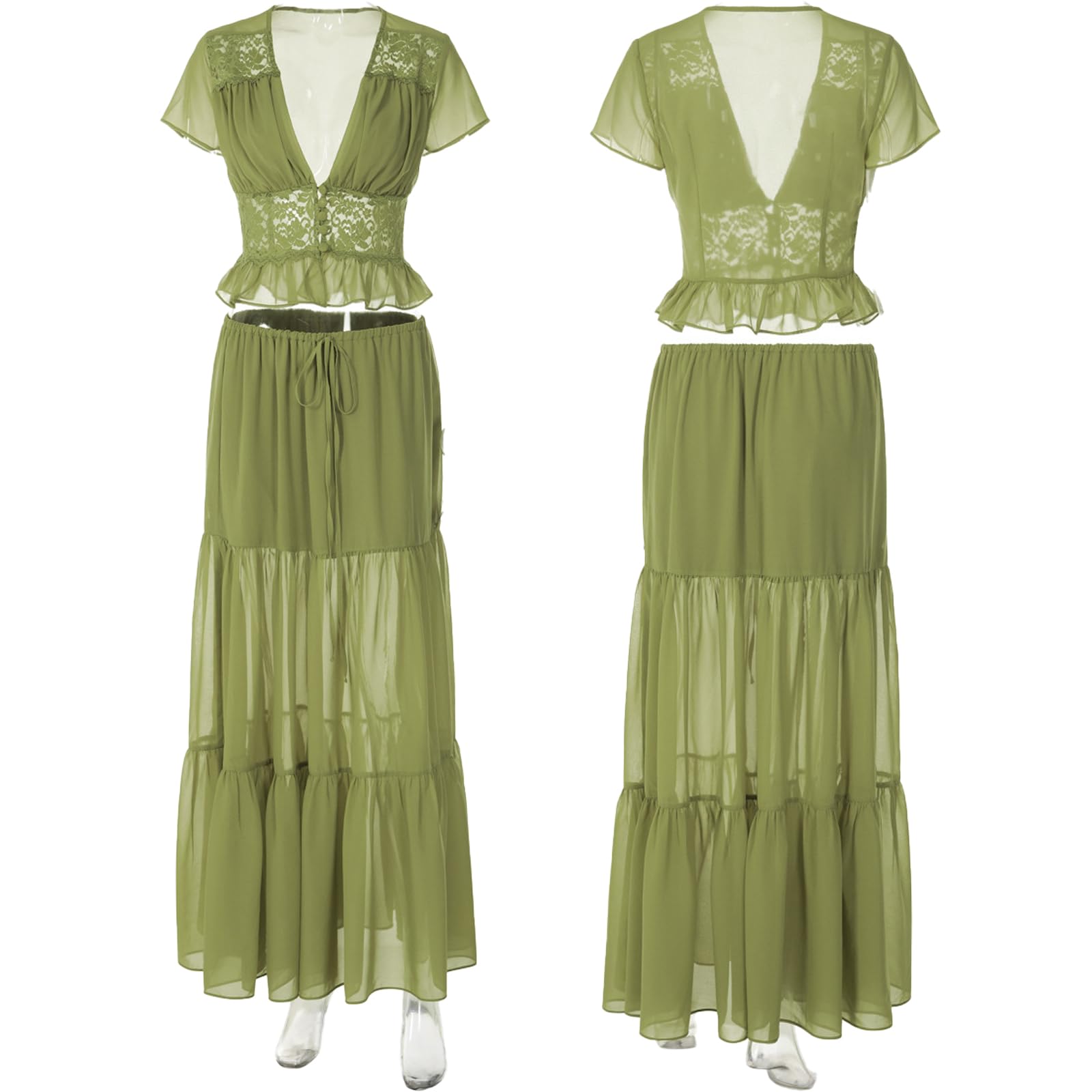 Ensemble D'éTé 2 Pièces Pour Femme Crop Top Sans Manches à Col V Profond Dentelle Et Volants et Jupe Longue à Cordon De Serrage