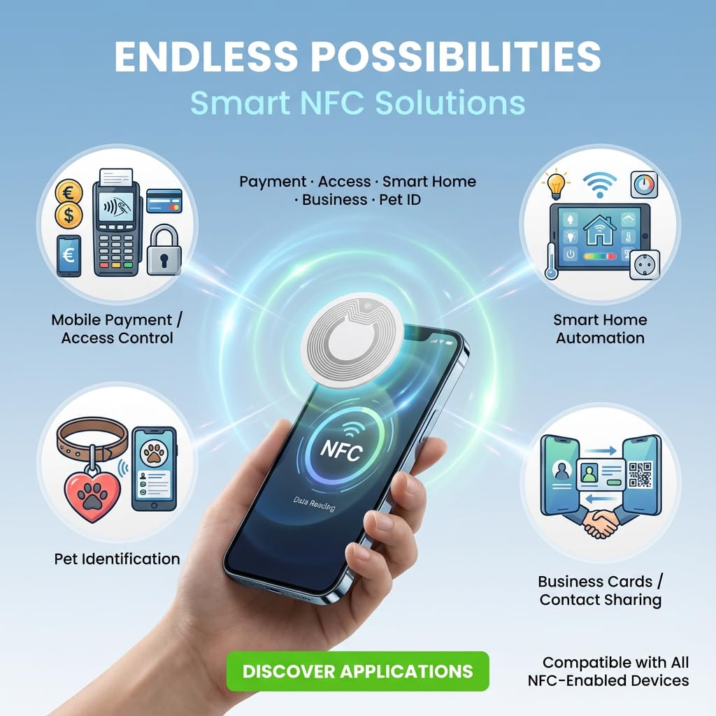 Etichette adesive NFC con chip originale NTAG215, 25 mm, etichette RFID trasparenti riscrivibili a 504 byte, adatte per tutti i dispositivi e smartphone abilitati NFC (200 pezzi)