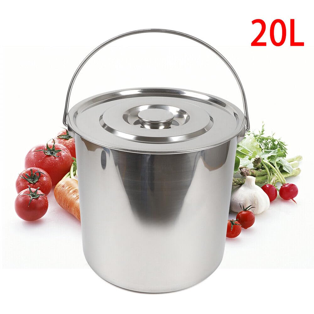 Wiadro ze stali nierdzewnej z pokrywką, 20 l, wiadro kuchenne, wiadro na karmę, na mleko, wodę z pokrywką, do kuchni