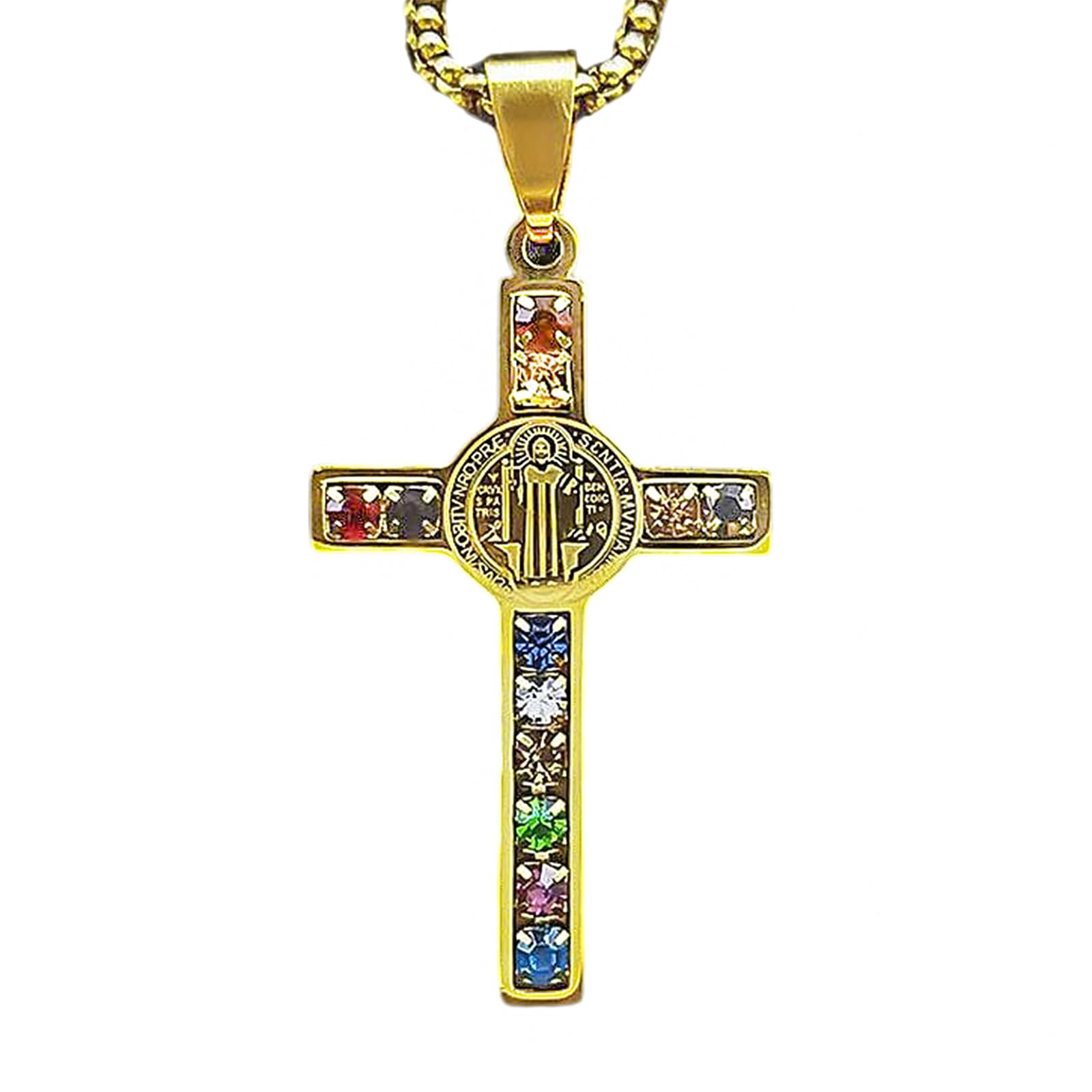 VHcgCGJ necklace， St. Benedict Exorcism Cross Necklace 12 Tribes of Israel & Holy City Jerusalem Gemstones(Gold)